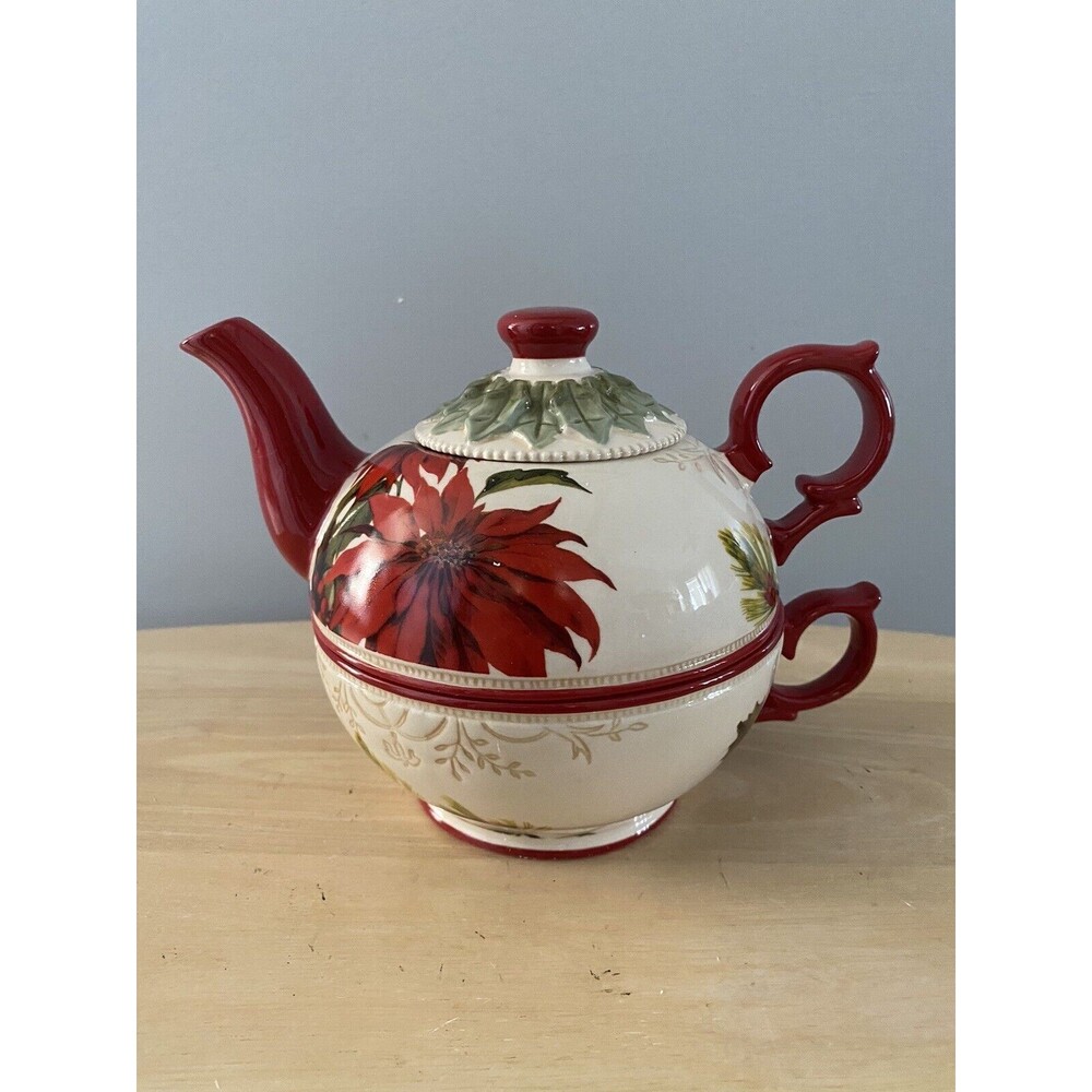 Grasslands Road "Let Nature Sing" Tea for One Poinsettia 3 pc Set Christmas NEW